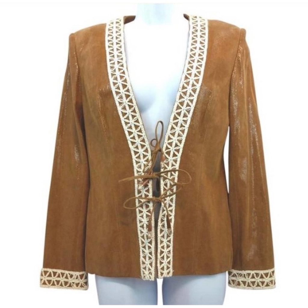 St John Couture Coated Lamb Leather Triple Tie Jacket Size 12 Like New